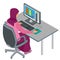 Arab woman, Muslim woman, asian woman working in office with computer. Attractive female Arabic corporate worker. Vector