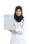 Arab woman showing a blank medical history folder