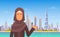 Arab Woman Showing Dubai Skyline Panorama, Modern Building Cityscape Business Travel And Tourism Concept