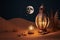 arabia sahara lantern and moon setup for greeting ramadan or eid mubarak cards,Generative AI