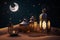 arabia sahara lantern and moon setup for greeting ramadan or eid mubarak cards,Generative AI