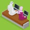 Arabian business man working on Laptop. Arab businesswoman hijab working at a laptop. Vector flat 3d isometric