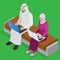 Arabian business man working on Laptop. Arab businesswoman hijab working at a laptop. Vector flat 3d isometric