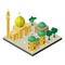 Arabian city life in isometric view. Mosque, muslims, urban buildings and trees