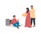 Arabian couple help homeless man flat color vector faceless character