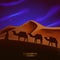 Arabian desert night scene with silhouette of camel and people illustration for ramadan kareem template