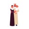 Arabian family with son in traditional clothes stands hugging cartoon style