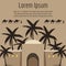 Arabian house, palm tree, camels background