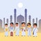 Arabian kids group stands in traditional clothes with school bags cartoon style