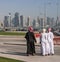 Arabian Middle Eastern Boys on Crossroad Looking on the Doha Skyline View. Qatar, Middle East
