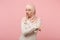 Arabian muslim woman in hijab light clothes posing isolated on pink background. People religious lifestyle concept. Mock