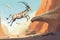 an arabian oryx leaping over a stony ravine in a barren desert