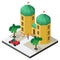 Arabian palace with car, bench, palm trees and people in isometric view