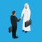 Arabian partners handshake concept. Business deal handshake with Arabic and European ethnic mans. Flat 3d vector
