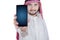 Arabian person shows cellphone in studio
