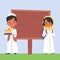 Arabian schoolkids standing near blank wooden signboard cartoon style