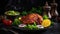 Arabian spicy food concept - homemade tandoori chicken served with salads, generative ai