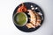 Arabian Tandoori chicken with chili sauce served in a dish isolated on grey background top view of bangladesh food