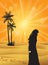 Arabian woman on Sahara desert at sunburst, vector illustration