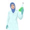 Arabian woman scientist with sample of liquid. Vaccine research concept.
