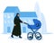 Arabian woman with stroller.Mother is walking with newborn baby in city.Pram on urban background.Islam