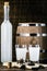 Arabic alcohol drink Raki with anis on wooden background.Turkish and Greek Traditional aperitif arak, Ouzo. Distilled drink with