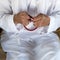 Arabic Bedouin Muslim man in traditional white holiday clothing