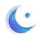 Arabic blue crescent moon window arch in paper cut style. Origami Ramadan Kareem greeting cards. Arabesque pattern. Holy