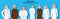 Arabic business people group standing together wearing traditional clothes arab businessmen blue background horizontal