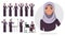 Arabic business woman.Young girl in a cartoon style experiences different emotions and poses. Set of emotions and poses