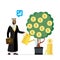 Arabic businessman watering money tree. Investment process. Profitable business projects, development of new startups. Muslim