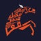 Arabic calligraphy in the shape of a horse dashing forward and backward, running near and far.