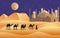 Arabic camels in desert, ramadan scene. Arabian travel in sunset landscape, celebration in sand. Muslim mosque in night