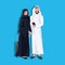 Arabic couple using smartphone holding valise wearing traditional clothes travel concept man woman cartoon character