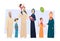 Arabic family. Male and female muslim happy persons father mother kids and elders seniors vector saudi people