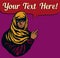 Arabic girl wearing hijab veil with pointing finger and speech bubble