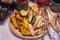 Arabic Halal Vegan Mixed Grill Mushroom, Eggplant, Pumpkin, Artichoke. Barbecue Vegetables on wooden tray background. Islamic and