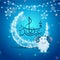 Arabic Islamic calligraphy EId Al Adha text with blurred lighting effect ornamental crescent moon and sheep on glowing blue