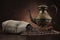 Arabic kettle with coffee beans in burlap sack on brown background