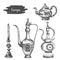 Arabic lamp set hand drawn sketch. Brass antique teapots in oriental style.