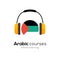 Arabic language learning logo icon with headphones. Creative Arabic class fluent concept speak test and grammar