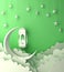 Arabic lantern, cloud, crescent, on green pastel background copy space text