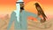 An Arabic man holding an eagle on his arm against a beautiful desert sunset