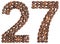 Arabic numeral 27, twenty seven, from coffee beans, isolated on