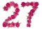Arabic numeral 27, twenty seven, from red flowers of rose, isolated on white background