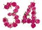 Arabic numeral 34, thirty four, from red flowers of rose, isolated on white background