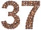 Arabic numeral 37, thirty seven, from coffee beans, isolated on