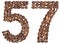Arabic numeral 57, fifty seven, from coffee beans, isolated on w