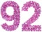 Arabic numeral 92, ninety two, from flowers of lilac, isolated o