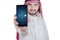 Arabic person displaying search bar on cellphone